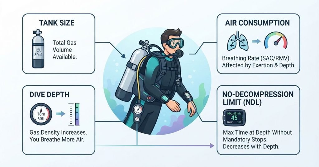 Scuba diving factors that determine underwater dive time including tank size, air consumption, depth, and NDL