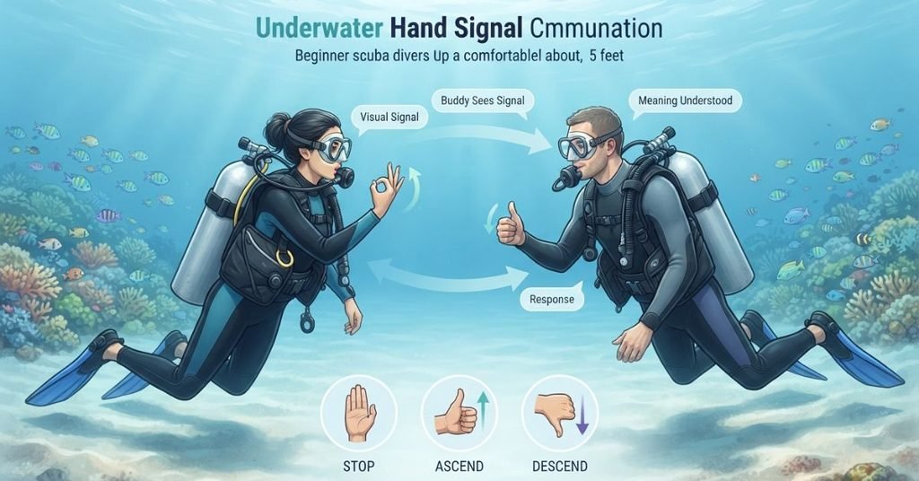 Underwater scuba divers using hand signals to communicate with each other