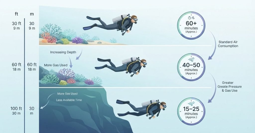 Scuba dive time comparison at 30, 60, and 100 feet showing how depth affects underwater time
