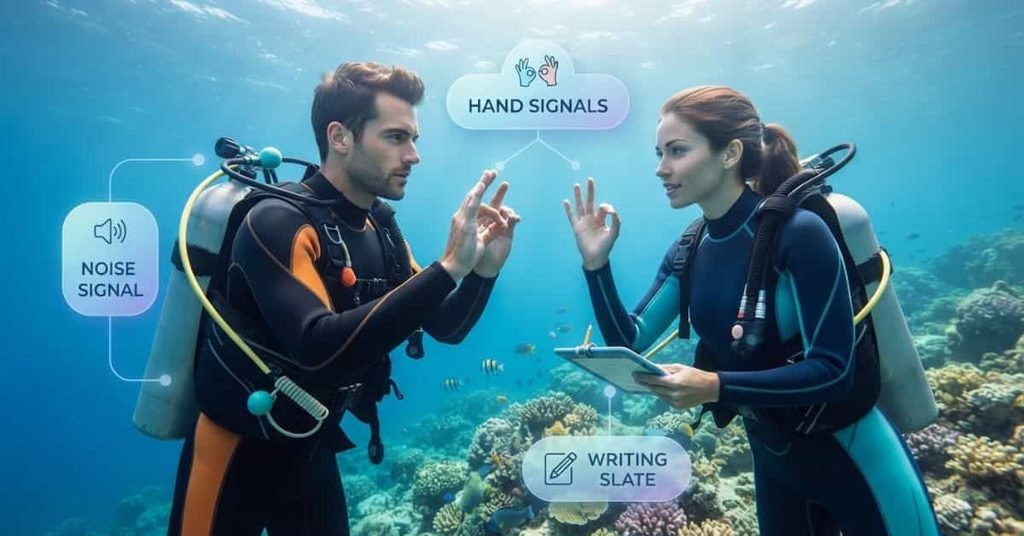 Scuba divers communicating underwater using hand signals, writing slate, and noise signals