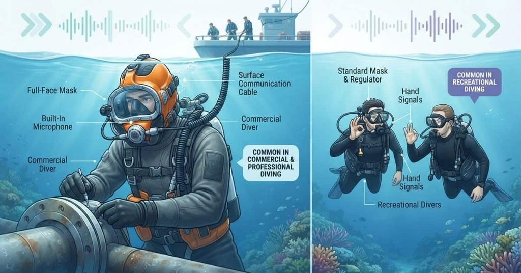 Full-face scuba mask with communication system used by commercial divers underwater