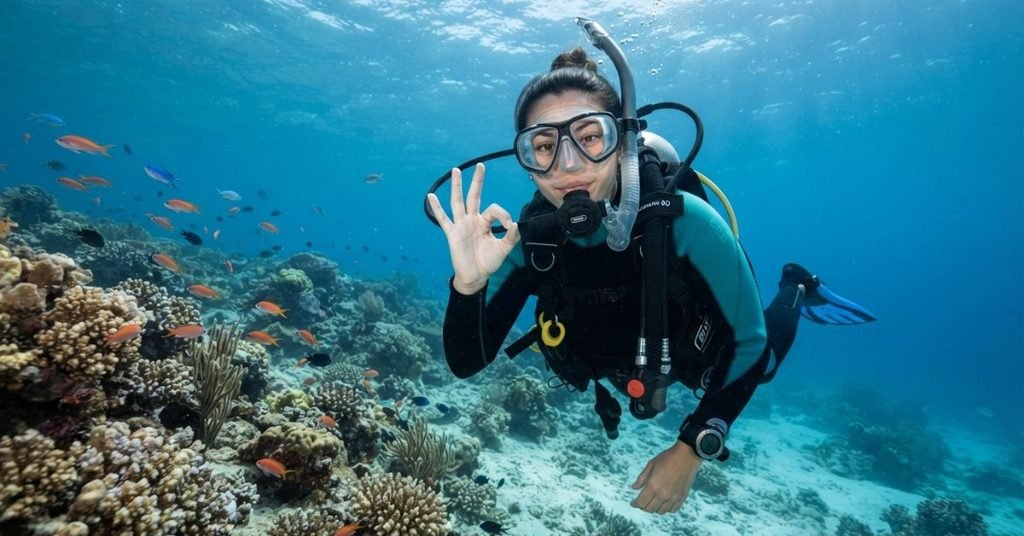 Scuba divers using hand signals for underwater communication